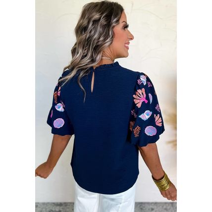 Sail Blue Shellfish Coral Embroidery Puff Sleeve Frilled Neck Blouse
