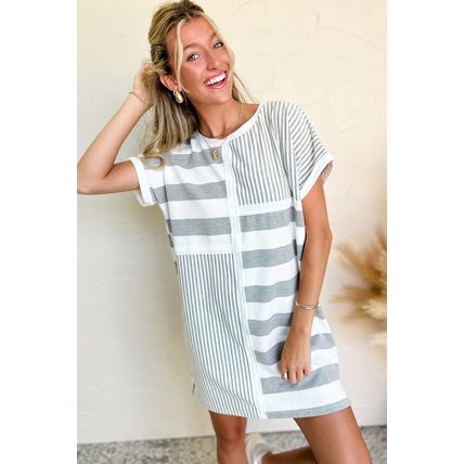 Gray Stripe Mixed Printed Short Sleeve Shift Mini T Shirt Dress