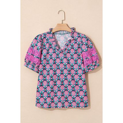 Sachet Pink V-Neck Ruffle Abstract Floral Print Puff Sleeve Top