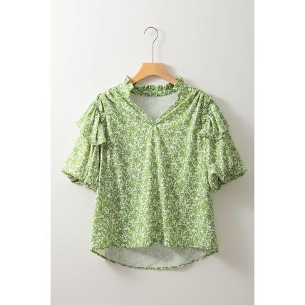 Light Green Floral Ruffle Puff Short Sleeve Frilled Collar V Neck Blouse