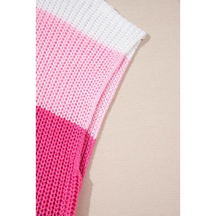 Pink Color Block Notch V Neck Sweater T Shirt