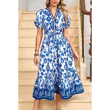 Blue Floral Puff Short Sleeve V Neck High Waist Maxi Dress