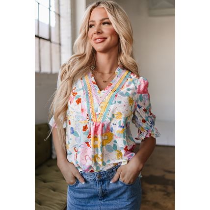 Pink Boho Flower Print Half Puff Sleeve Blouse