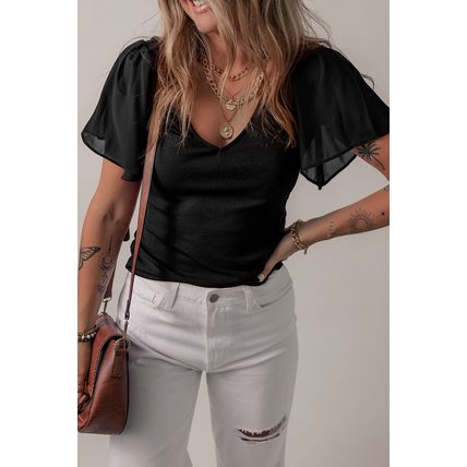 Black Mesh Ruffled Sleeve Slim Fit V Neck Top