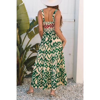 Green Western Aztec Shirred A-line Sleeveless Maxi Dress