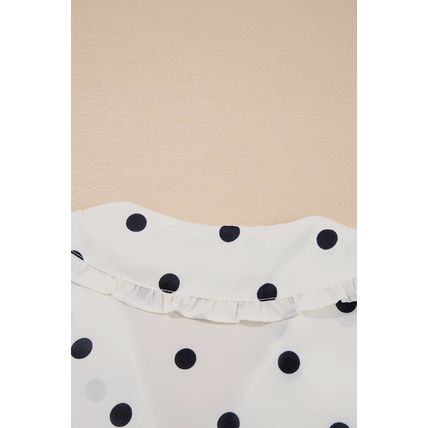 White Polka Dot Collared Lace up Font Puff Sleeve Peplum Top