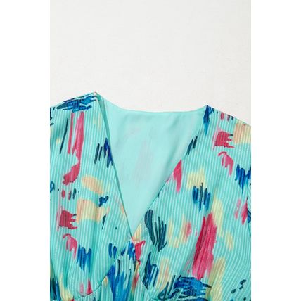 Sky Blue Abstract Print Short Puff Sleeve Tiered Maxi Dress
