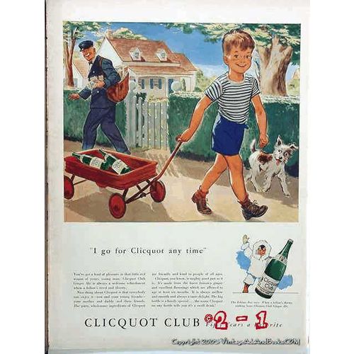 CLICQUOT CLUB 1942 GINGER ALE boy red wagon dog vintage ad