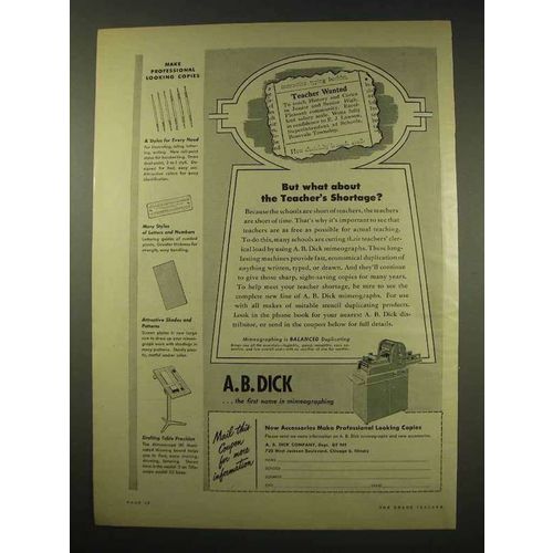1949 A.B. Dick Mimeograph Ad - The Teacher's Shortage