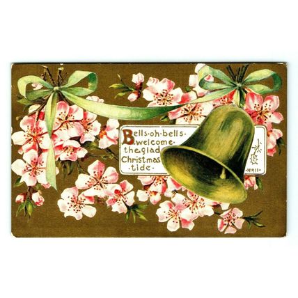 c1909 Christmas Bell Ribbon Pink Cherry Blooms Gold Antique Postcard (A4)