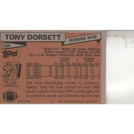 TONY DORSETT 1981 AUTOGRAPHED DALLAS COWBOYS HOF SB CHAMPION RUNNING BACK CARD