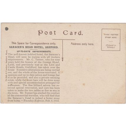 PPC Saracens Head High St Ashford Kent Advertising Card De'ath & Condon 1910