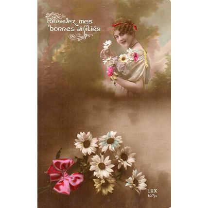 1917 GREETINGS Postcard Pretty Woman Holding Flowers Pink Ribbon Bow (G1)