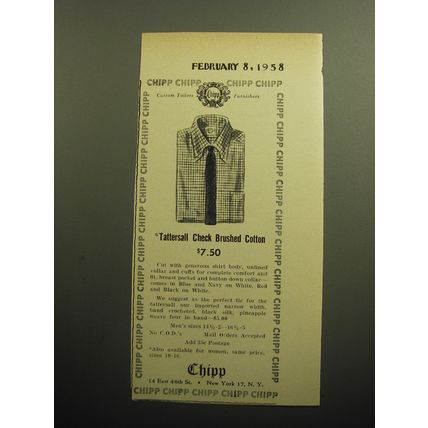 1958 Chipp Shirts Advertisement - Tattersall Check Brushed Cotton
