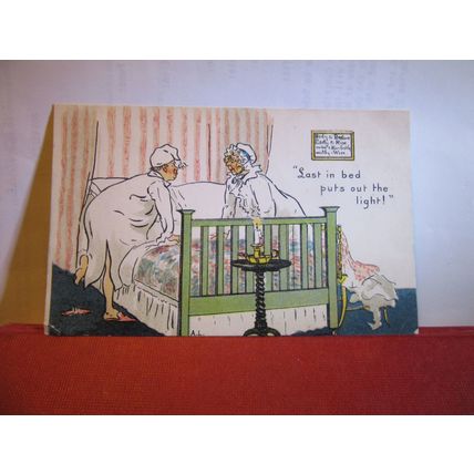 LAST IN BED, HUMOUR unused antique postcard by Davidson , =