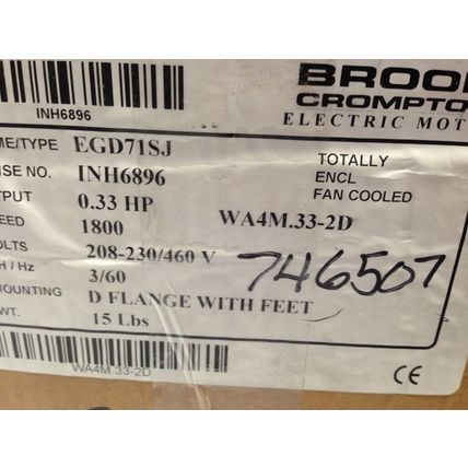 BROOK CROMPTON WA4M.33-2D AC MOTOR,0.33-HP,EQ071SJ 1680-RPM,3ph,EGD71SJ,1800,DE