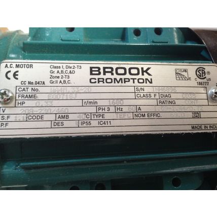 BROOK CROMPTON WA4M.33-2D AC MOTOR,0.33-HP,EQ071SJ 1680-RPM,3ph,EGD71SJ,1800,DE