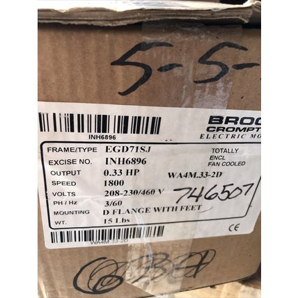BROOK CROMPTON WA4M.33-2D AC MOTOR,0.33-HP,EQ071SJ 1680-RPM,3ph,EGD71SJ,1800,DE