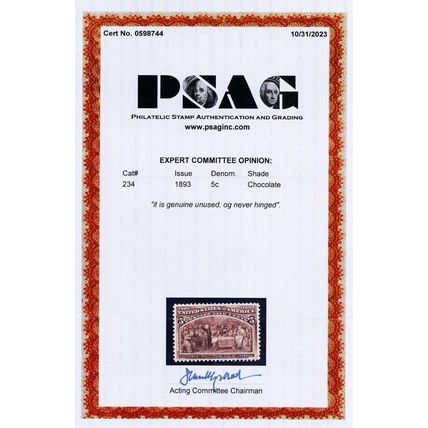 234, Mint VF/XF NH 5¢ Columbian With PSAG Certificate * Stuart Katz
