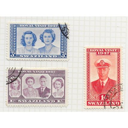 SWAZILAND 1947 ROYAL VISIT GEORGE ELIZABETH MARGARET QUEEN MUM USED 3 STAMP LOT