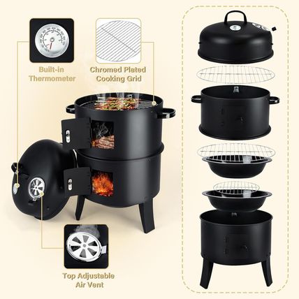 32" Charcoal Smoker BBQ Grill 3IN1 Outdoor Vertical Smoke Portable Meat Cooker
