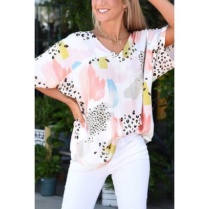 Animal Watercolor Mixed Print Loose Top