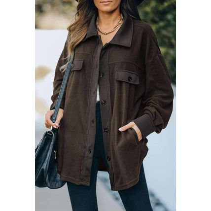 Brown Turn Down Collar Buttoned Shirt Jacket