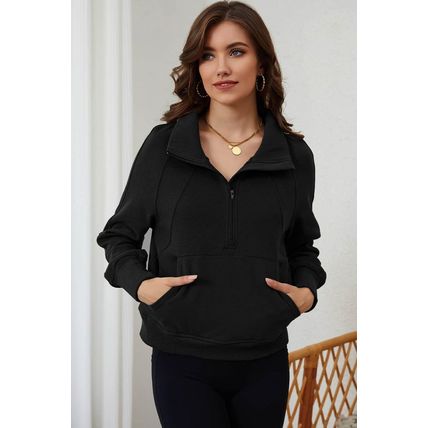 Black Zip Up Stand Collar Ribbed Thumbhole Sleeve Sweatshirt