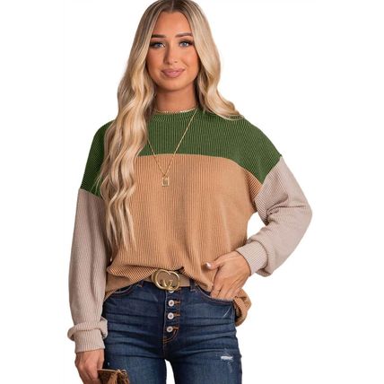 Green Color Block Long Sleeve Ribbed Loose Top