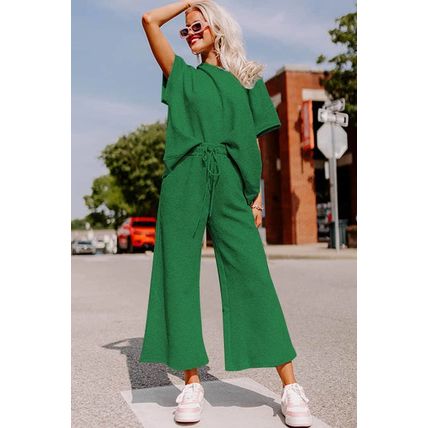 Dark Green Textured Loose Fit T Shirt and Drawstring Pants Set
