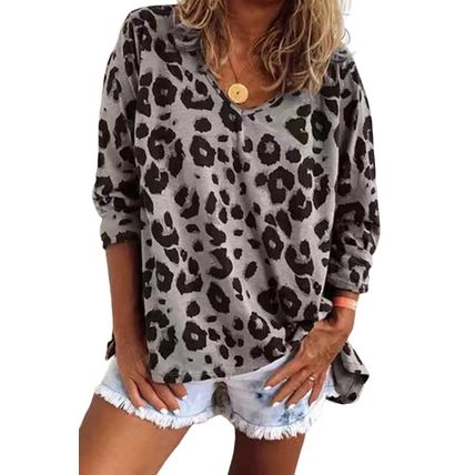 Gray Leopard Split Joint V Neck Long Sleeve Top