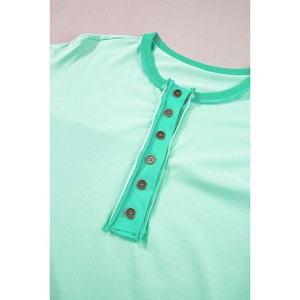 Bright Green Contrast Color Patchwork Half Button T Shirt