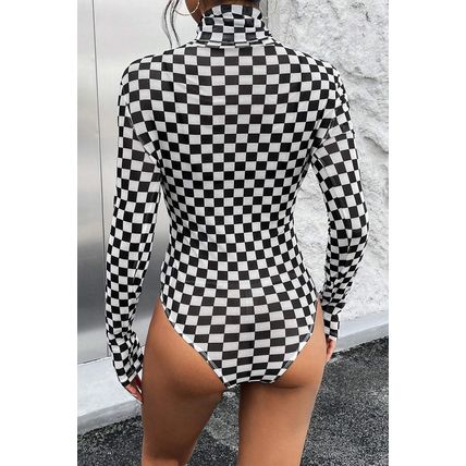 Black Checkered Printed Long Sleeve High Neck Bodysuit