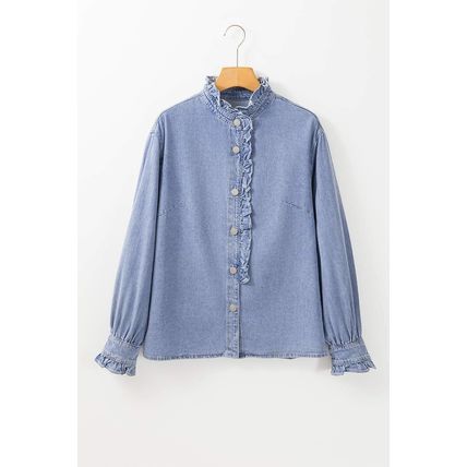 Beau Blue Ruffled Long Sleeve Buttoned Denim Shirt