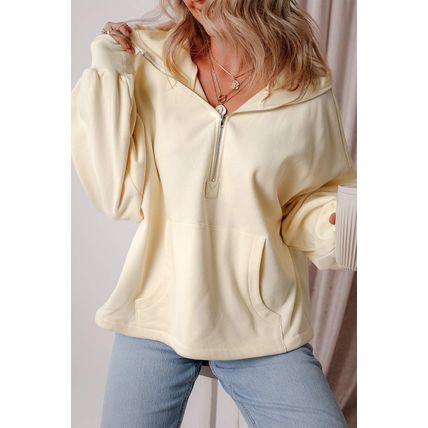 Beige Fleece Lined Half Zipper Kangaroo Pockets Loose Hoodie
