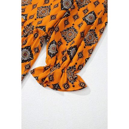 Orange Western Geometric Print Tiered Frilled Loose Fit Midi Dress