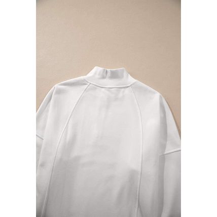White Zipped Neck Pullover Drop Shoulder Sweatshirt