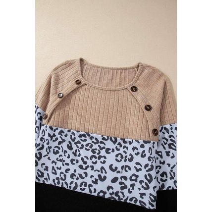 Black Cheetah Textured Patchwork Buttoned Round Neck T Shirt