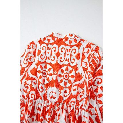 Orange Boho Geometric Printed Long Sleeve Maxi Dress