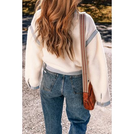 White Contrast Trim Buttoned Sherpa Jacket