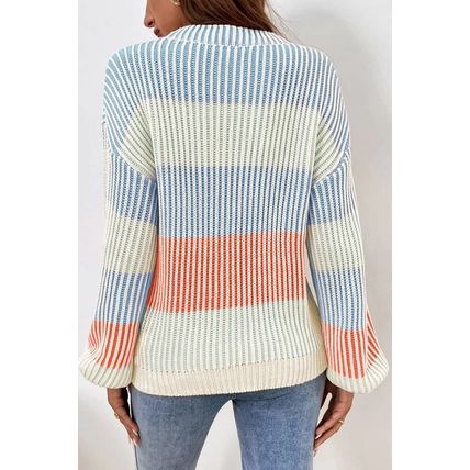 Multicolour Colorblock Textured Knit Bubble Sleeve Sweater
