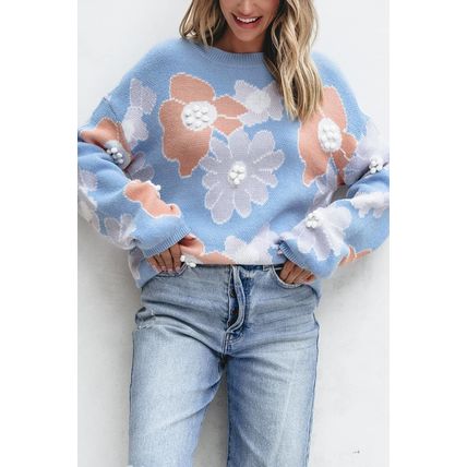 Beau Blue Floral O Neck Drop Shoulder Knitted Sweater