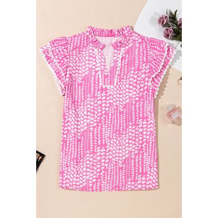 Pink Abstract Print Ric Rac Trim Flutter Sleeve Notch V Neck Blouse