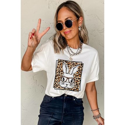 White Leopard Cute Bunny Graphic Crewneck Easter Tee
