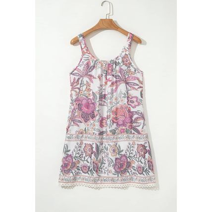 Multicolour Floral Print Fringed Tie U Neck Sleeveless Mini Dress