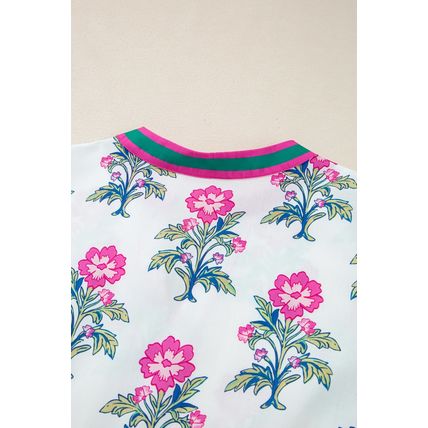 White Allover Print Contrast Split Neckline Short Puff Sleeve Curvy Dress