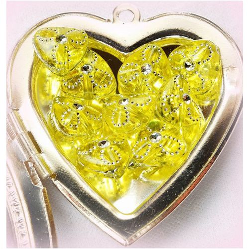 25 no. Love Heart Yellow Silver Pattern 10 mm Beads Jewellery Making 2029