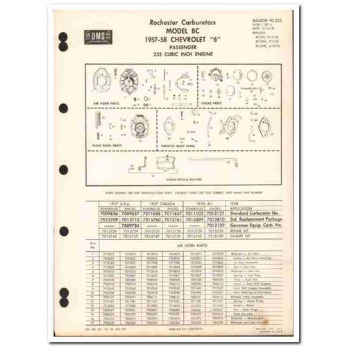 rochester carburetors 1957-58 chevrolet 6 235 model bc vintage manual