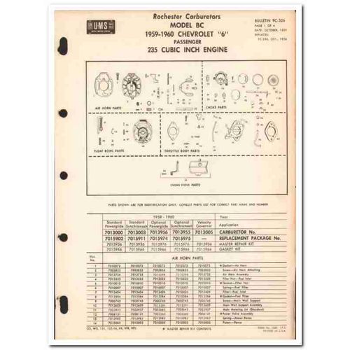 rochester carburetors 1959-60 chevrolet 6 235 model bc vintage manual