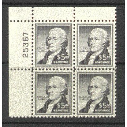 1053 $5 Alexander Hamilton Extra Fine MNH Plt/4 B0406